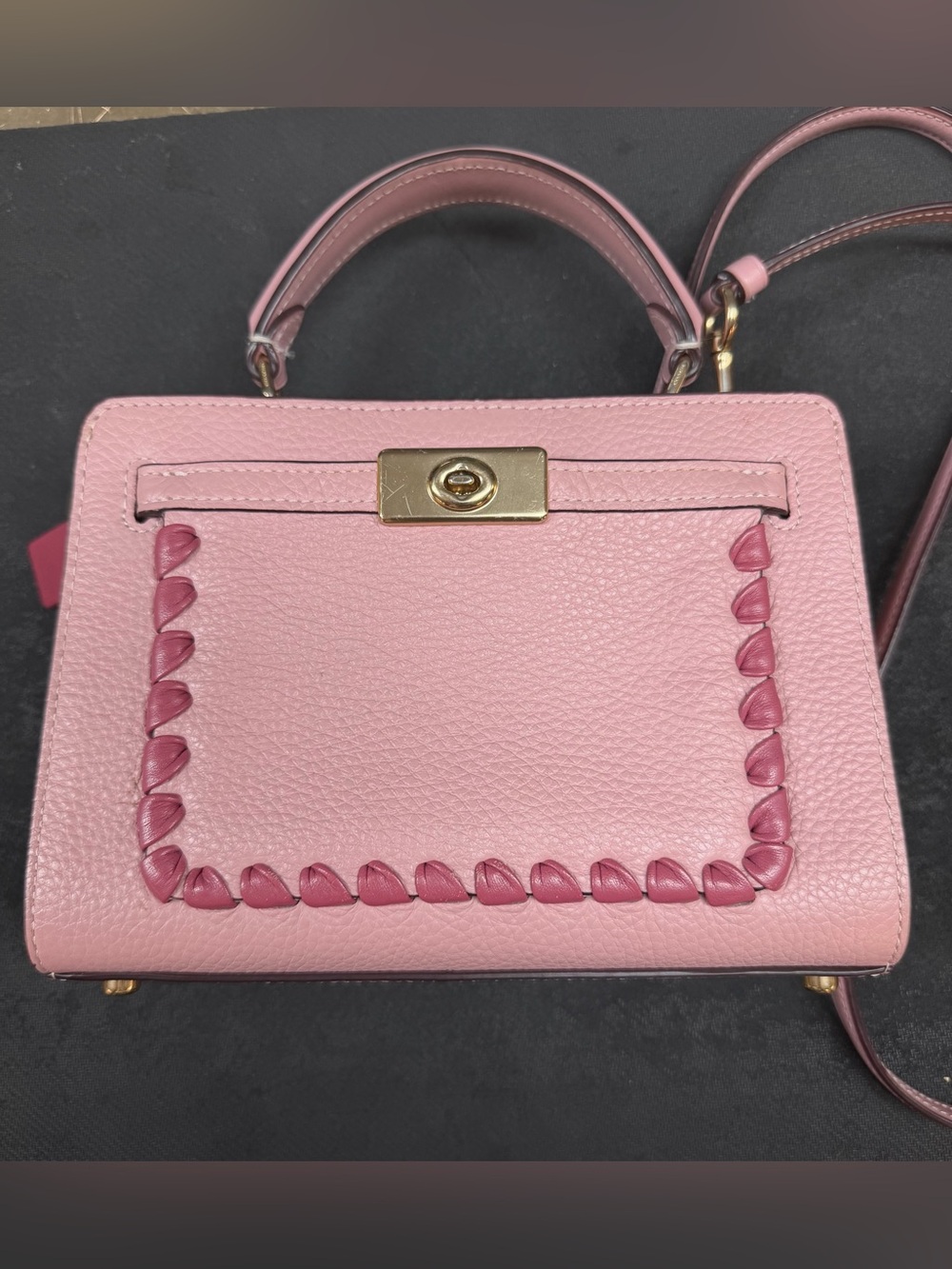 COACH Mini Leather Lane Top Handle Crossbody Purse with Whipstitch Pink Multi